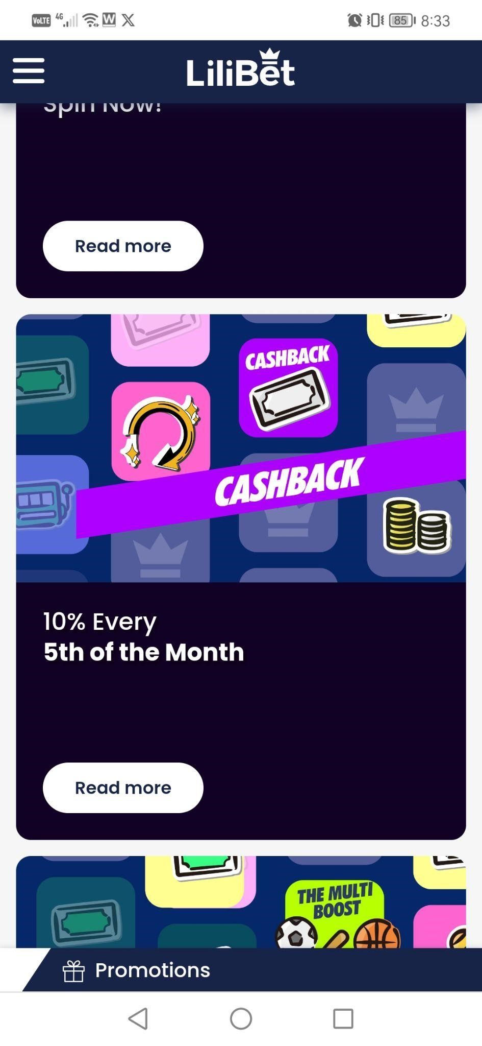 Eksempel på cashback-tilbud på Lilibet