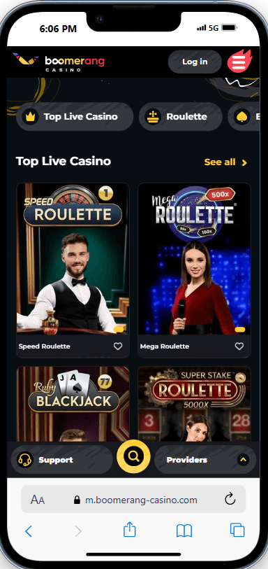 Screenshot der Boomerang Casino Online Spielelobby mit Slots und Live Casino