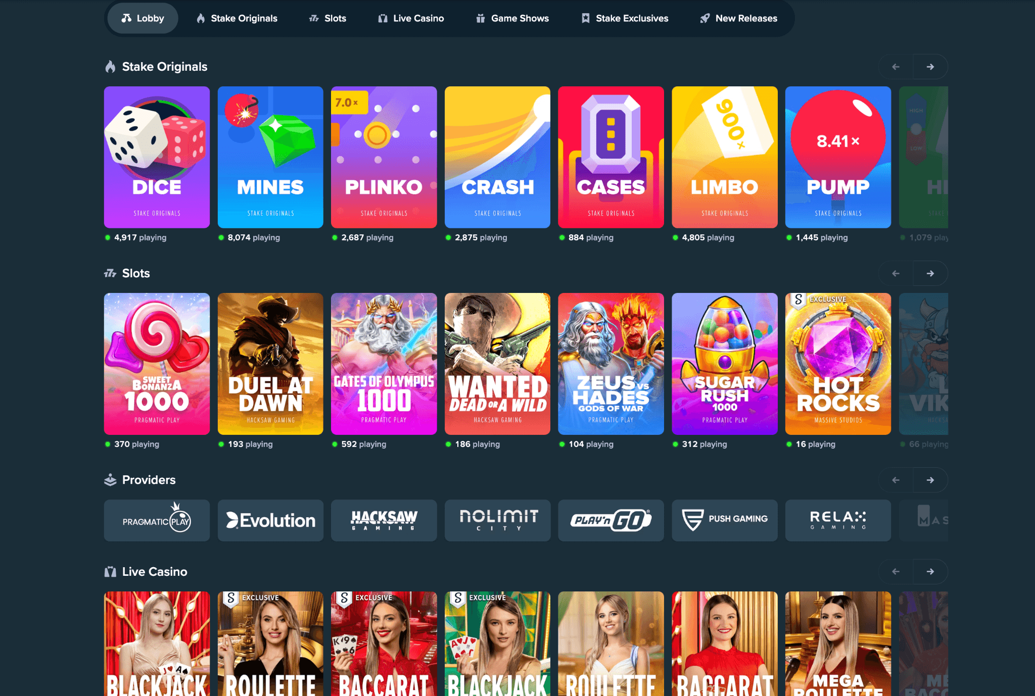 Sélection de jeux du Stake Casino