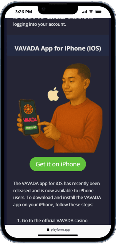 Ekran pobierania aplikacji Vavada na iOS