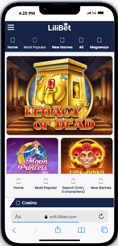 Skjermbilde av Lilibet Casino brukergrensesnitt