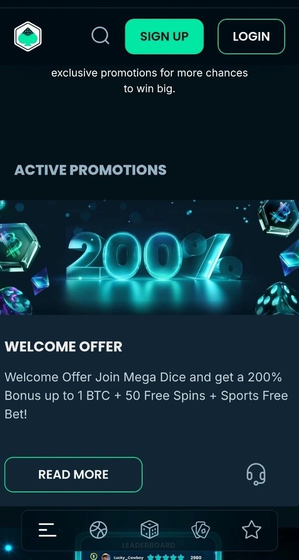Interfaccia e promozioni del casinò Megadice