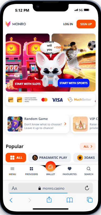 Screenshot der Monro Casino App auf einem Smartphone