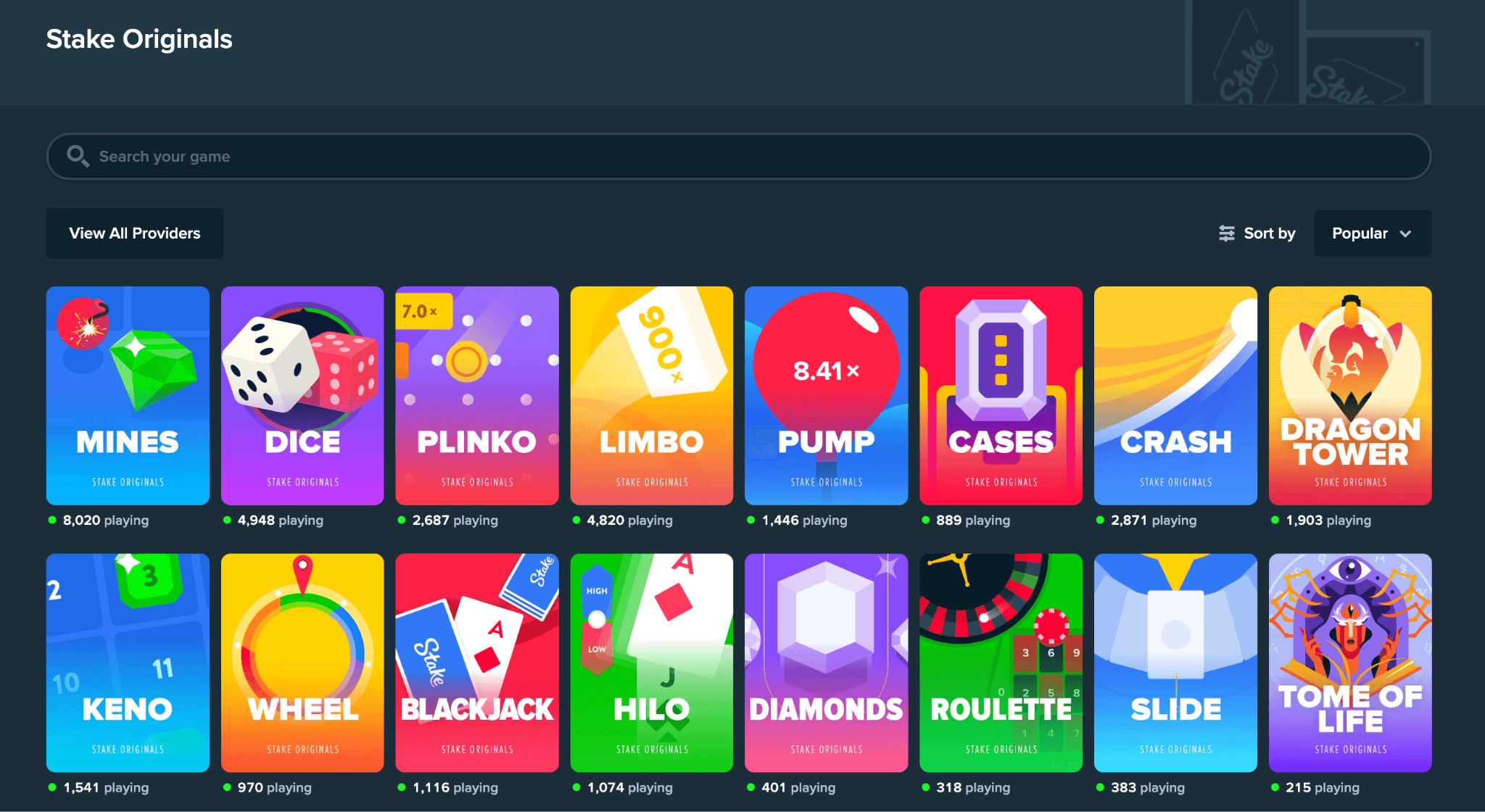 Screenshot di Stake Casino che mostra l'interfaccia dei giochi