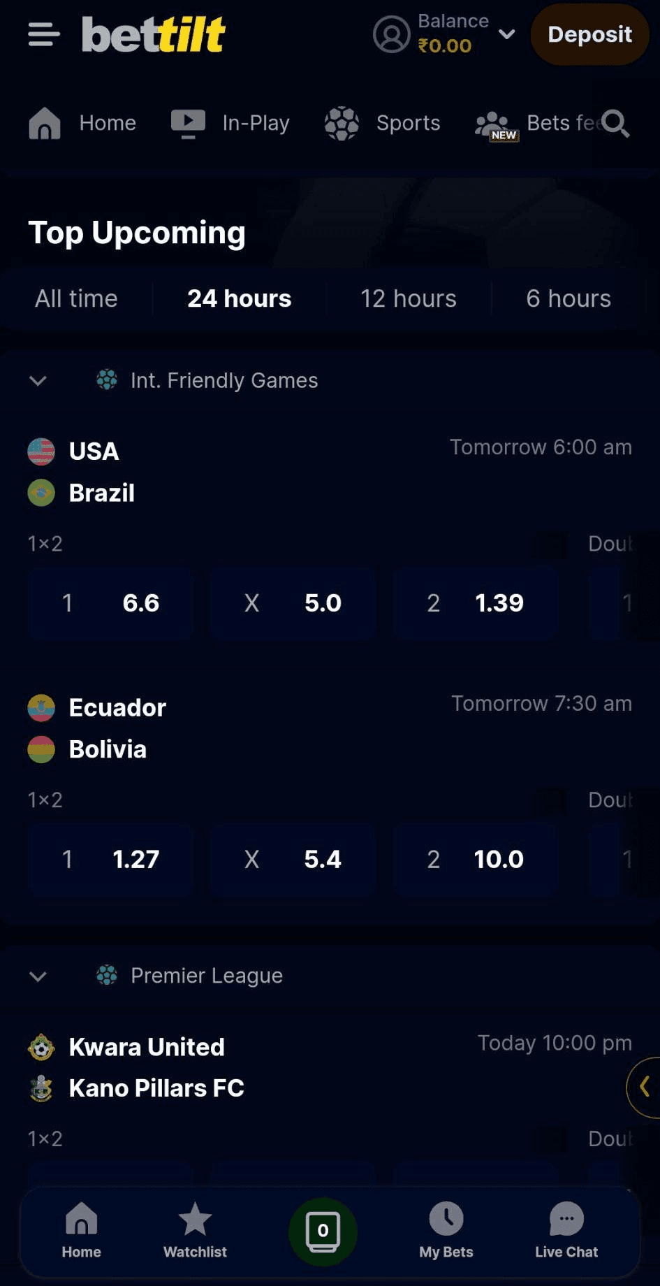 Interface do app Bettilt mostrando o botão de esportes para navegação