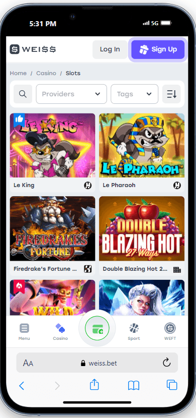 Weiss Casino mobil app képernyőképe, mutatva a játékkínálatot és felületet