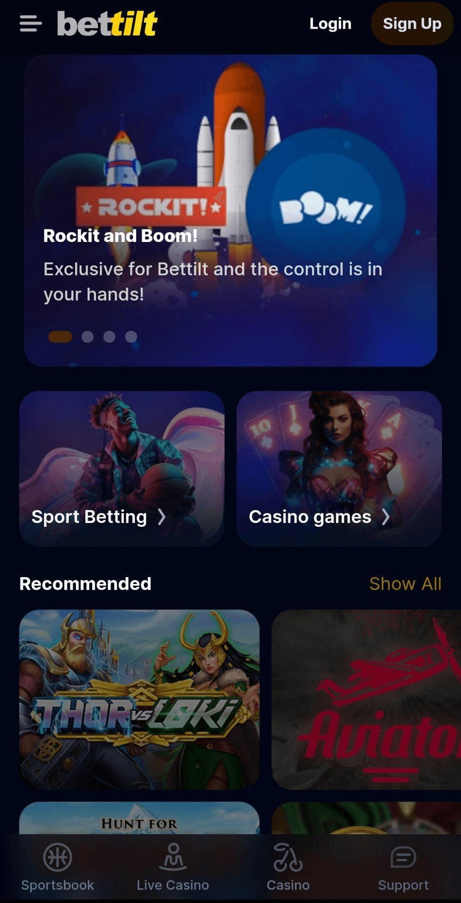 Interface de l app Betriot montrant les jeux et les options de navigation