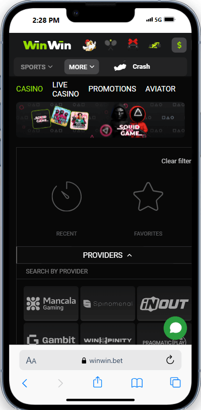 Schermata dell'app Wincasino che mostra la lobby dei giochi su dispositivo mobile